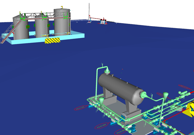 3d model of piping, structural steel and foundations