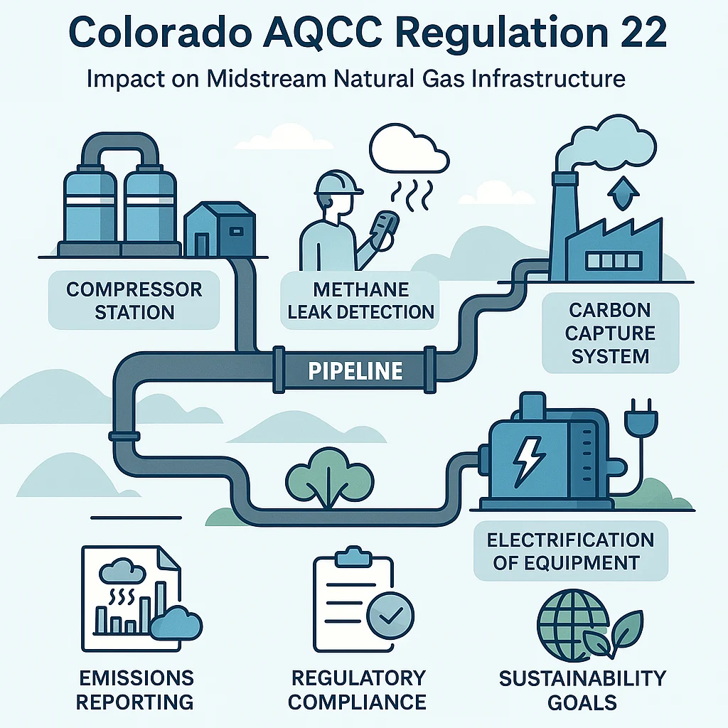 An infographic illustration showing the impact of Colorado AQCC Regulation 22 on midstream producers