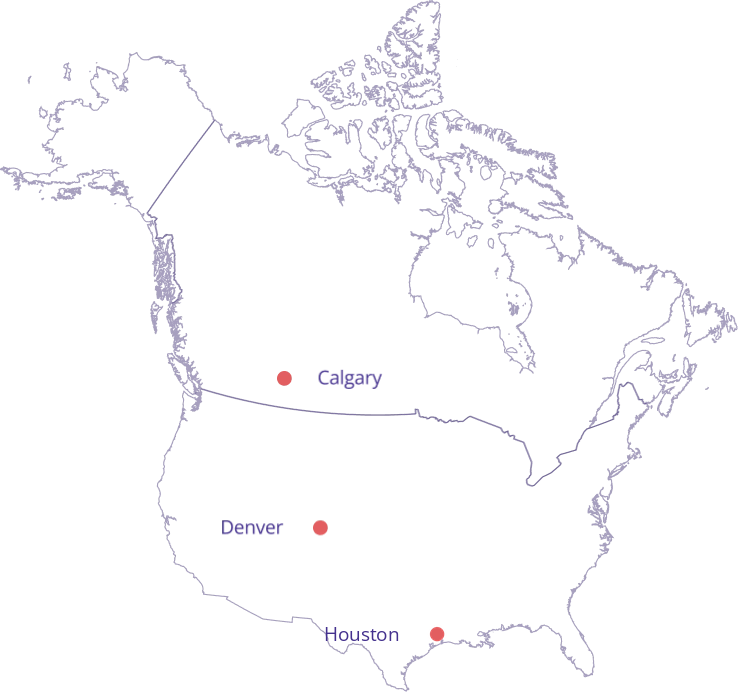 Map of North America showing CANUSA EPC offices in Calgary, Denver and Houston